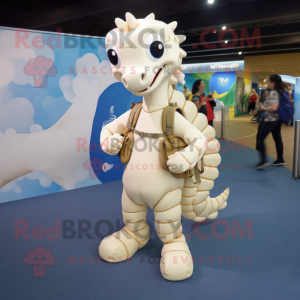 Cream Seahorse mascot costume character dressed with a Playsuit and Backpacks