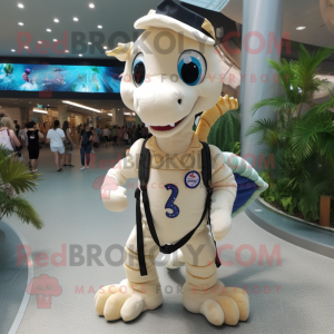 Cream Seahorse mascot costume character dressed with a Playsuit and Backpacks