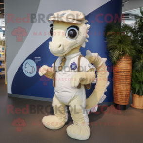 Cream Seahorse mascot costume character dressed with a Playsuit and Backpacks