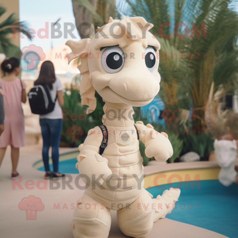 Cream Seahorse mascot costume character dressed with a Playsuit and Backpacks Cream Seahorse mascot costume character dressed with a Playsuit and Backpacks