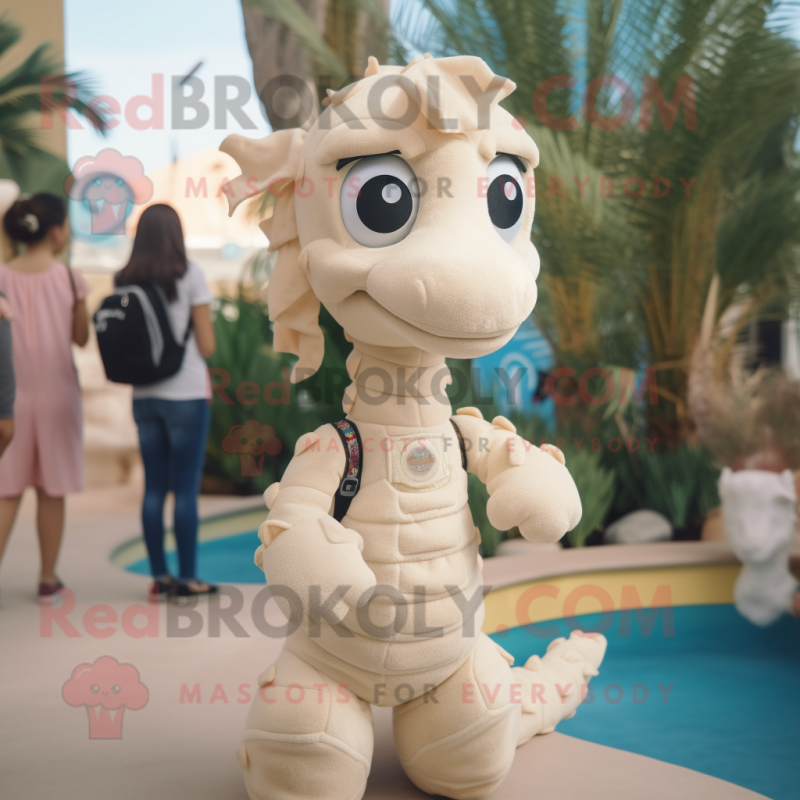 Cream Seahorse mascot costume character dressed with a Playsuit and Backpacks