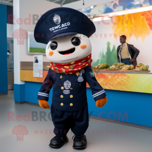 Navy Tacos mascot costume character dressed with a Coat and Berets