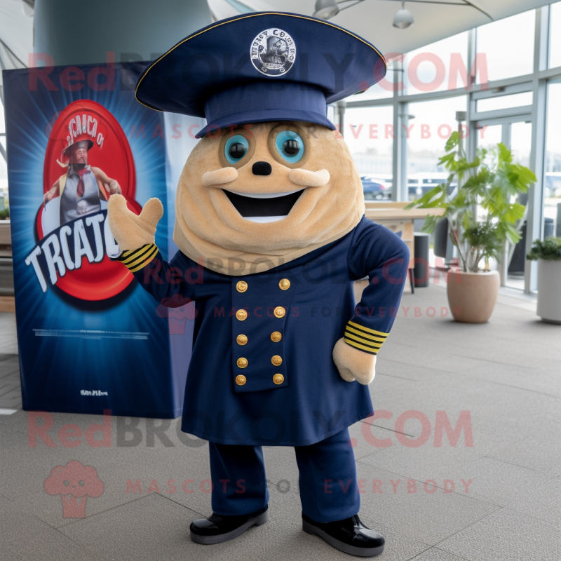 Navy Tacos mascot costume character dressed with a Coat and Berets Navy Tacos mascot costume character dressed with a Coat and Berets