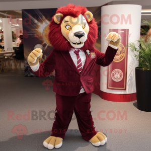 Maroon Tamer Lion mascot costume character dressed with a Blazer and Anklets