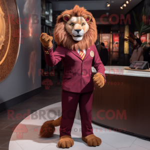 Maroon Tamer Lion mascot costume character dressed with a Blazer and Anklets