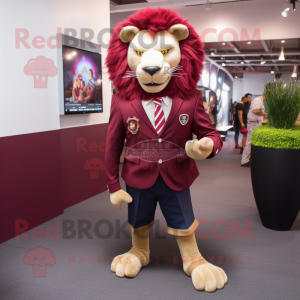 Maroon Tamer Lion mascot costume character dressed with a Blazer and Anklets