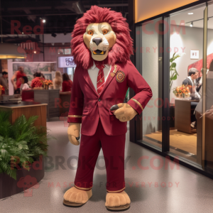 Maroon Tamer Lion mascot costume character dressed with a Blazer and Anklets