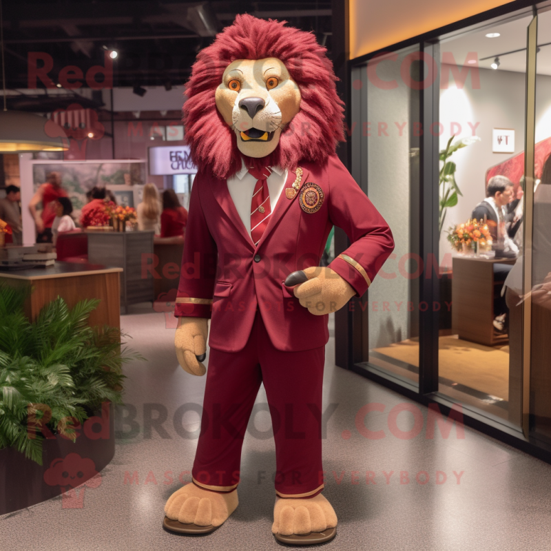 Maroon Tamer Lion mascot costume character dressed with a Blazer and Anklets Maroon Tamer Lion mascot costume character dressed with a Blazer and Anklets