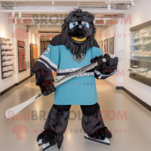 Black Ice Hockey Stick mascot costume character dressed with a Bermuda Shorts and Shawl pins