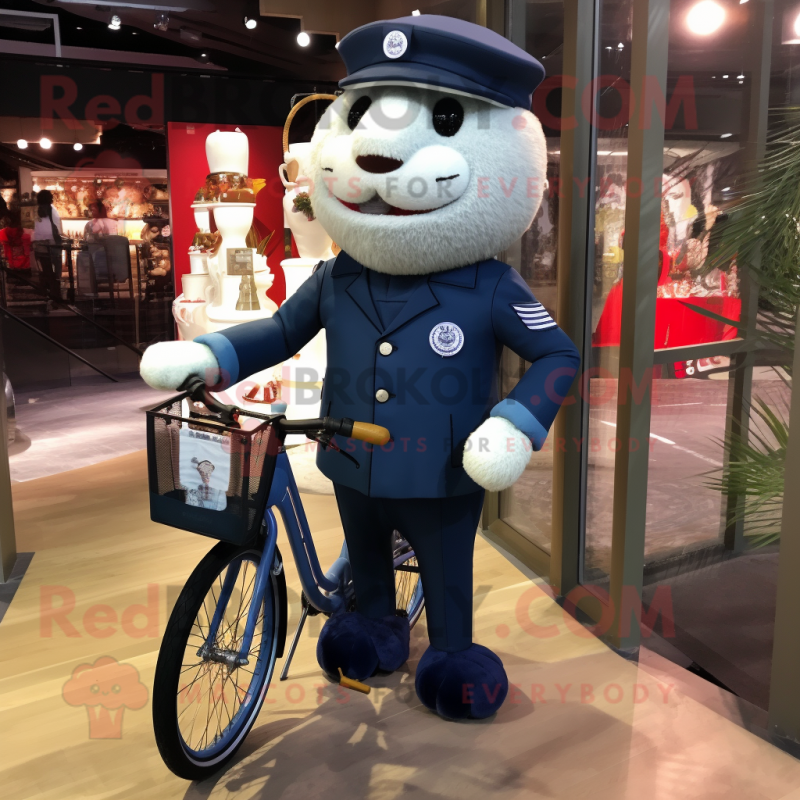 Navy Unicyclist mascot costume character dressed with a Chinos and Clutch bags