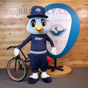 Navy Unicyclist mascot costume character dressed with a Chinos and Clutch bags