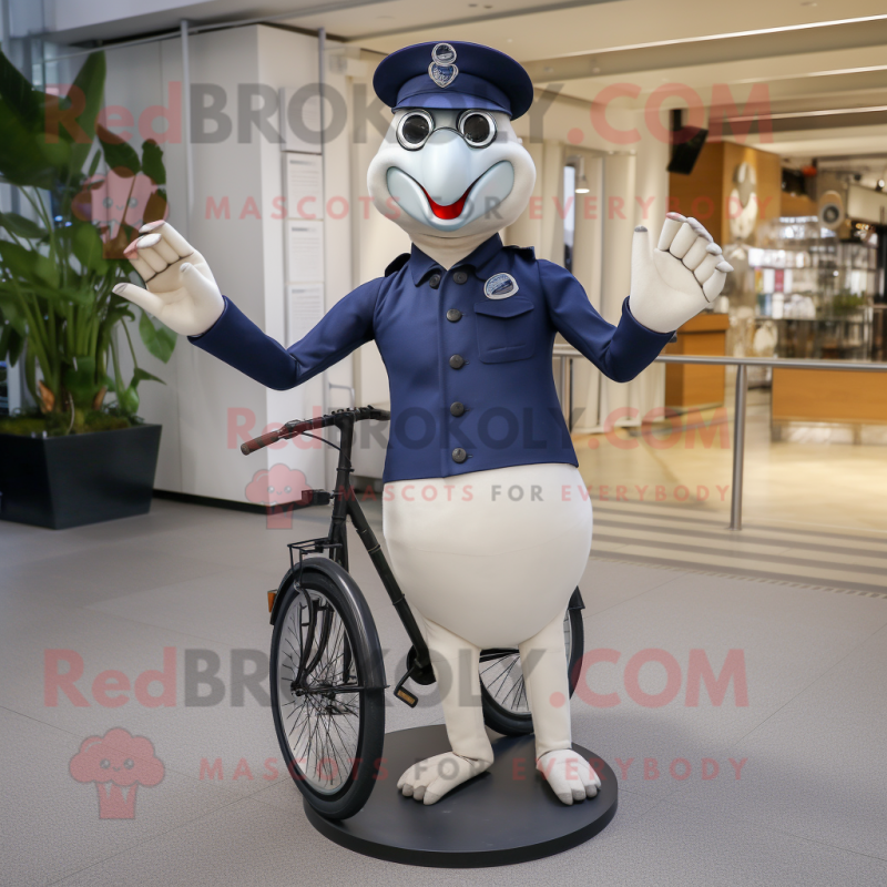 Navy Unicyclist mascot costume character dressed with a Chinos and Clutch bags Navy Unicyclist mascot costume character dressed with a Chinos and Clutch bags