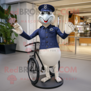 Navy Unicyclist mascot costume character dressed with a Chinos and Clutch bags