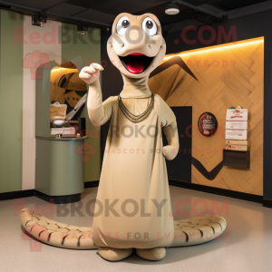 Tan Anaconda mascot costume character dressed with a Midi Dress and Shoe clips