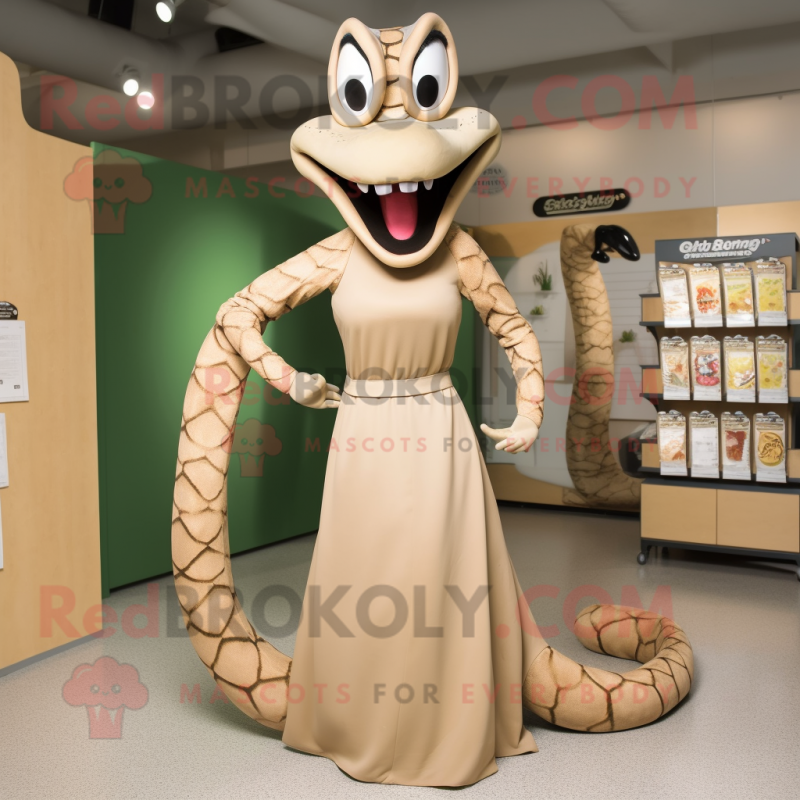Tan Anaconda mascot costume character dressed with a Midi Dress and Shoe clips
