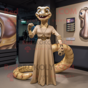 Tan Anaconda mascot costume character dressed with a Midi Dress and Shoe clips