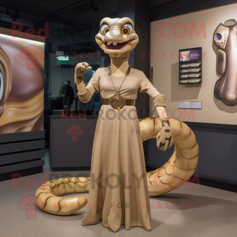 Tan Anaconda mascot costume character dressed with a Midi Dress and Shoe clips Tan Anaconda mascot costume character dressed with a Midi Dress and Shoe clips