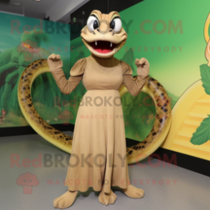 Tan Anaconda mascot costume character dressed with a Midi Dress and Shoe clips