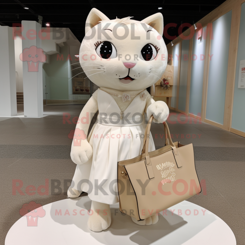 Beige Cat mascot costume character dressed with a Wedding Dress and Tote bags Beige Cat mascot costume character dressed with a Wedding Dress and Tote bags