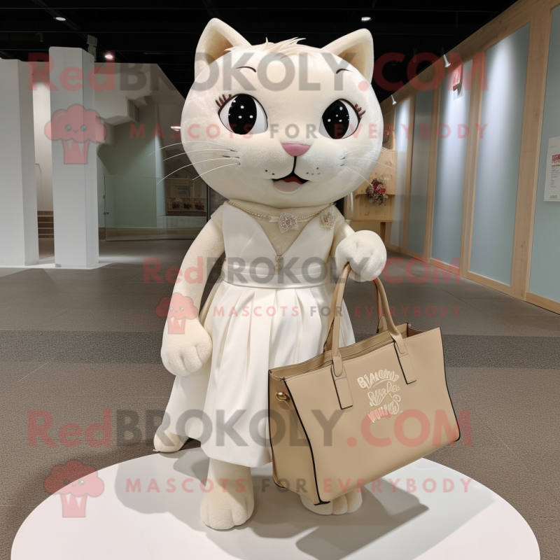 Beige Cat mascot costume character dressed with a Wedding Dress and Tote bags