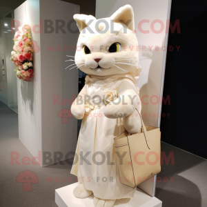 Beige Cat mascot costume character dressed with a Wedding Dress and Tote bags