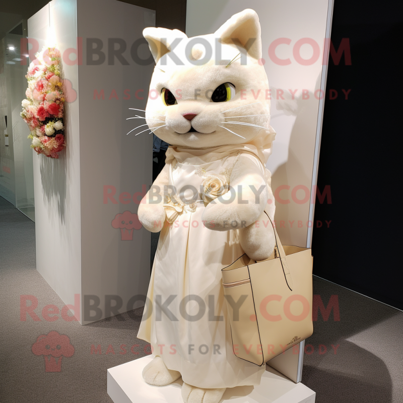 Beige Cat mascot costume character dressed with a Wedding Dress and Tote bags Beige Cat mascot costume character dressed with a Wedding Dress and Tote bags
