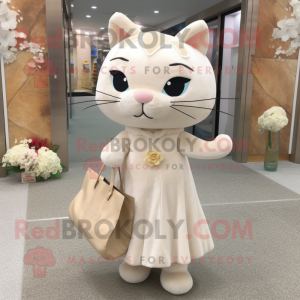 Beige Cat mascot costume character dressed with a Wedding Dress and Tote bags