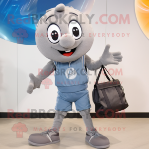 Gray Basketball Ball mascot costume character dressed with a Flare Jeans and Backpacks