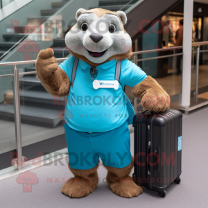 Cyan Marmot mascot costume character dressed with a Long Sleeve Tee and Briefcases