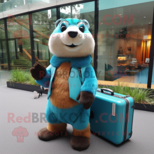 Cyan Marmot mascot costume character dressed with a Long Sleeve Tee and Briefcases