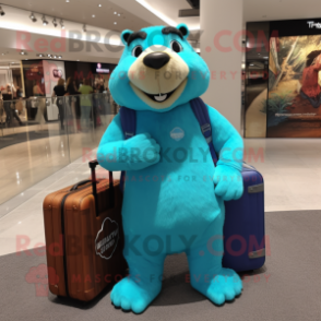 Cyan Marmot mascot costume character dressed with a Long Sleeve Tee and Briefcases