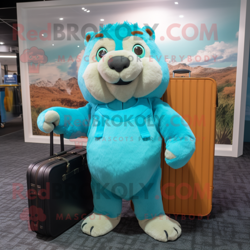 Cyan Marmot mascot costume character dressed with a Long Sleeve Tee and Briefcases