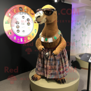Brown Camel mascot costume character dressed with a Circle Skirt and Coin purses