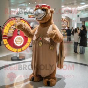 Brown Camel mascot costume character dressed with a Circle Skirt and Coin purses