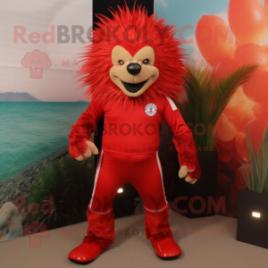 Red Porcupine mascot costume character dressed with a Rash Guard and Foot pads