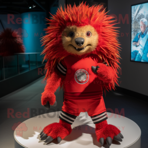 Red Porcupine mascot costume character dressed with a Rash Guard and Foot pads