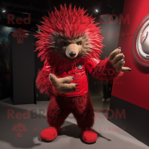 Red Porcupine mascot costume character dressed with a Rash Guard and Foot pads