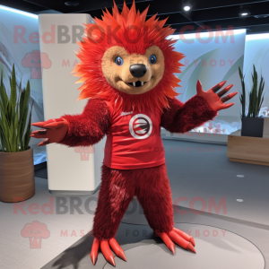 Red Porcupine mascot costume character dressed with a Rash Guard and Foot pads