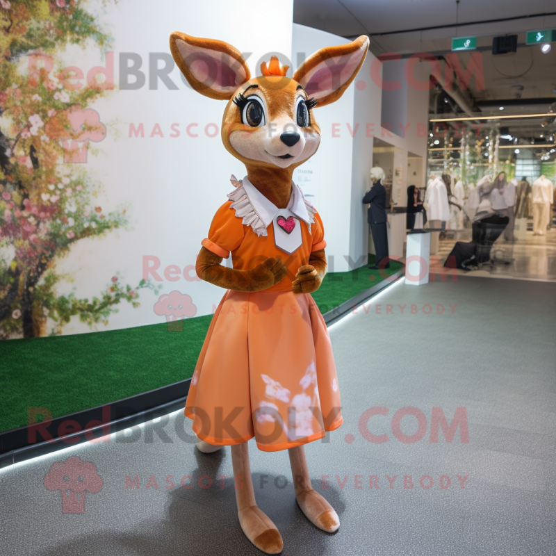 Peach Roe Deer mascot costume character dressed with a A-Line Skirt and Bracelets Peach Roe Deer mascot costume character dressed with a A-Line Skirt and Bracelets