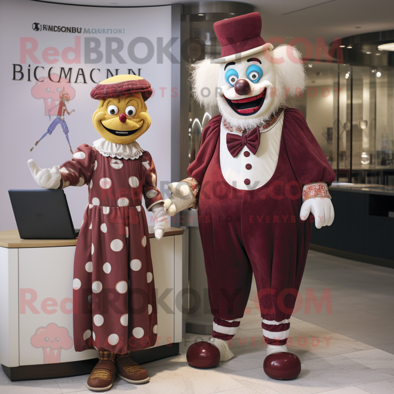 Maroon Clown mascot costume character dressed with a Empire Waist Dress and Briefcases