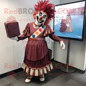 Maroon Clown mascot costume character dressed with a Empire Waist Dress and Briefcases