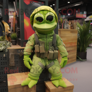 Lime Green Para Commando mascot costume character dressed with a Overalls and Wraps