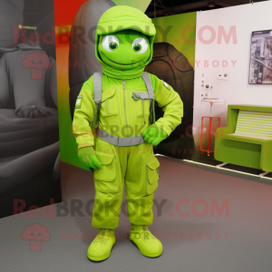 Lime Green Para Commando mascot costume character dressed with a Overalls and Wraps