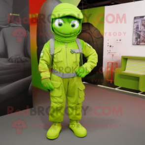 Lime Green Para Commando mascot costume character dressed with a Overalls and Wraps