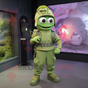 Lime Green Para Commando mascot costume character dressed with a Overalls and Wraps