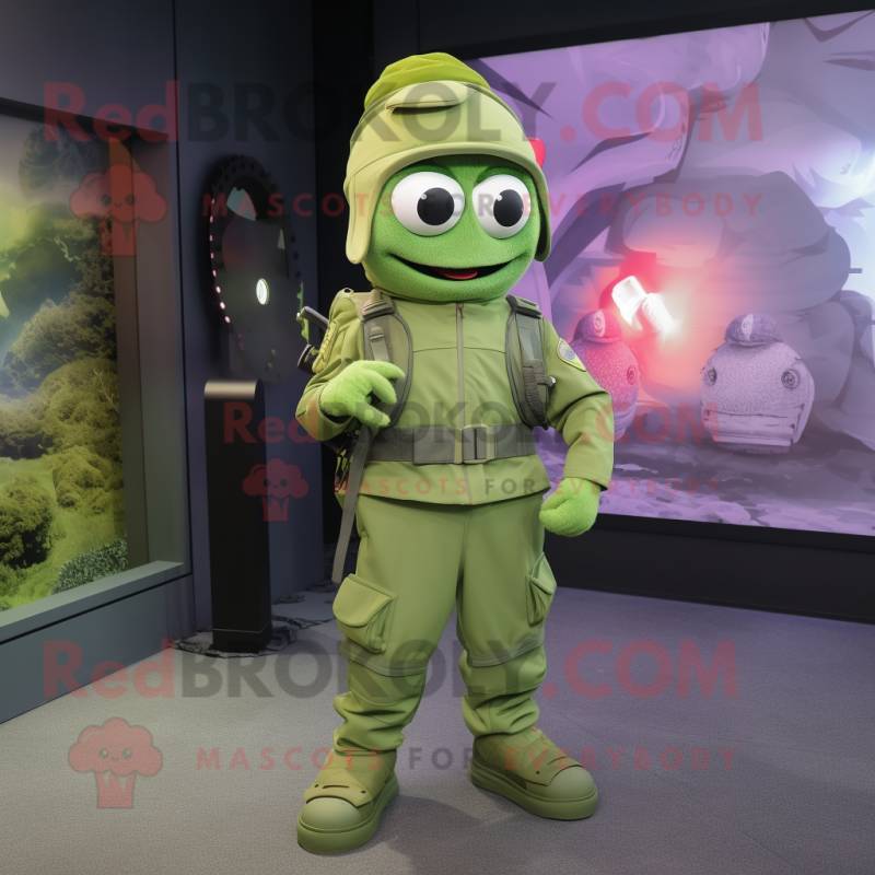 Lime Green Para Commando mascot costume character dressed with a Overalls and Wraps Lime Green Para Commando mascot costume character dressed with a Overalls and Wraps