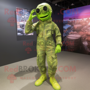 Lime Green Para Commando mascot costume character dressed with a Overalls and Wraps