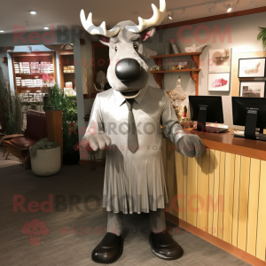 Silver Moose mascot costume character dressed with a Sheath Dress and Tie pins