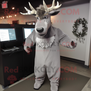 Silver Moose mascot costume character dressed with a Sheath Dress and Tie pins