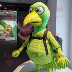 Lime Green Guinea Fowl mascot costume character dressed with a Rash Guard and Suspenders